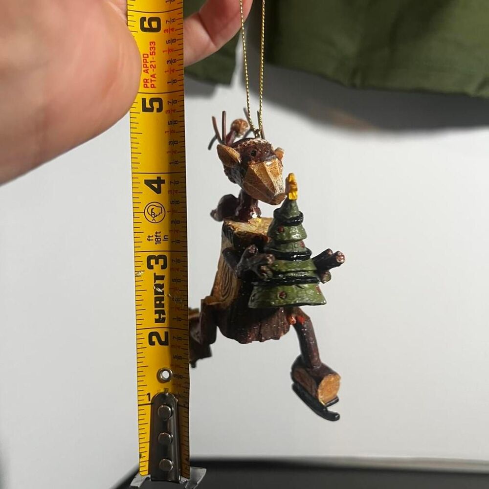Whimsical Reindeer Ice Skates Christmas Tree Ornament Resin Bark Log Design 5"